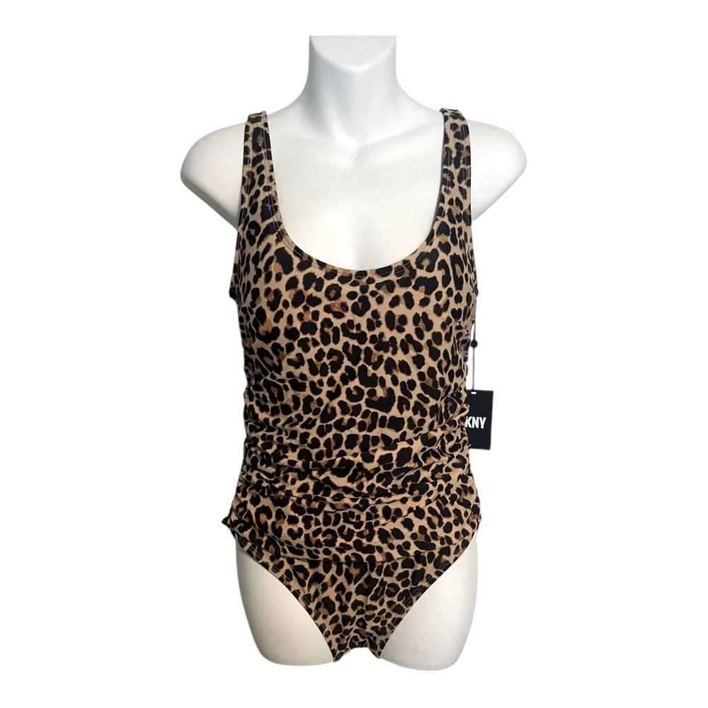 DKNY NEW Animal-Print Ruched One-Piece Swimsuit Mesh Sides Size 10 NWT $98 MSRP - Picture 5 of 15